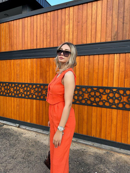 Women Sleeveless Top Long Pants Set Button Closure Wide Leg Summer Sleeveless 2 Piece Outfit Soft Polyester V Neck Casual Outing Outfits - TK00061