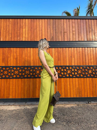 Women Sleeveless Top Long Pants Set Button Closure Wide Leg Summer Sleeveless 2 Piece Outfit Soft Polyester V Neck Casual Outing Outfits - TK00061