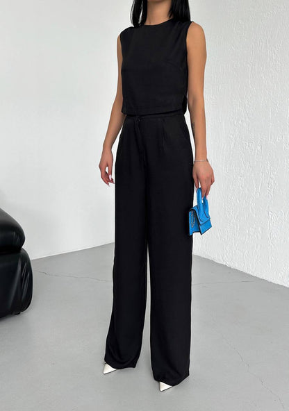 Linen Sleeveless Crop Trousers Set - TK00068