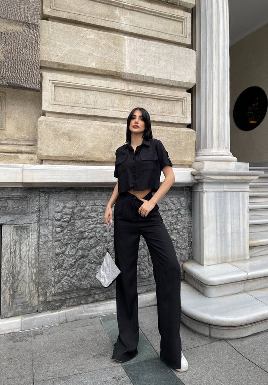 LINEN FABRIC CROP SHIRT, STRAPPED BACK BUSTIER AND PALAZZO TROUSERS THREE-Piece SET - TK00069