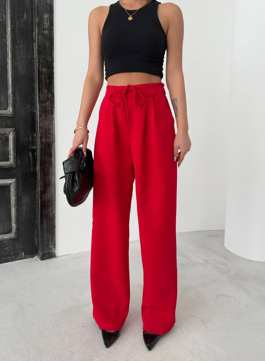 Women's Red Elastic Waist Palazzo Pants - P00082