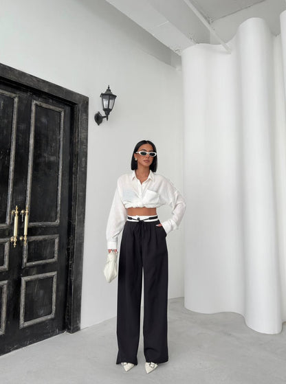 Women's Black Palazzo Trousers with Reverse Belt - P00083