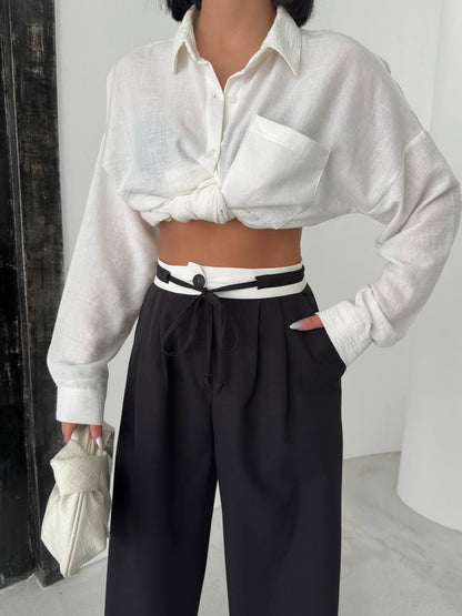 Women's Black Palazzo Trousers with Reverse Belt - P00083