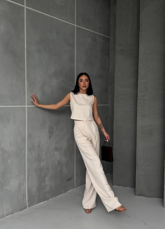 Linen Sleeveless Crop Trousers Set - TK00068