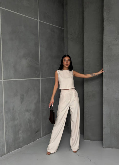 Linen Sleeveless Crop Trousers Set - TK00068