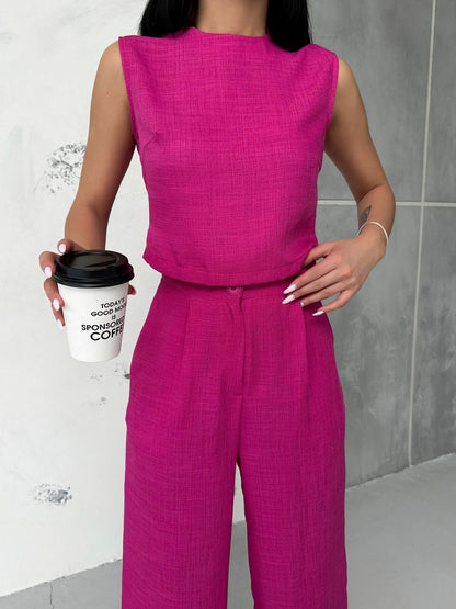 Linen Sleeveless Crop Trousers Set - TK00068