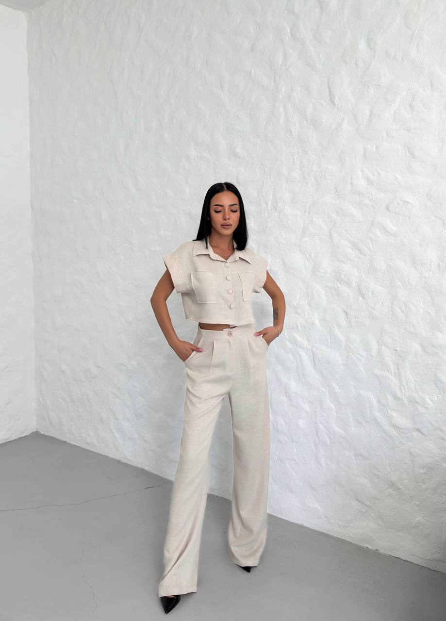 WOMEN'S BUTTON DETAIL CAPED TROUSERS SUIT - TK00051