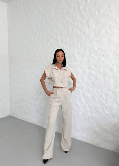 WOMEN'S BUTTON DETAIL CAPED TROUSERS SUIT - TK00051