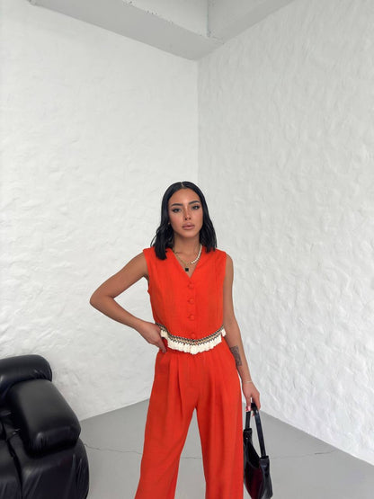 Women's Vest Tassel Detailed Linen Double Suit - TK00055