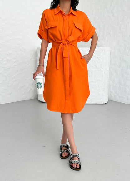 Belted Muslin Short Dress with Front Pockets - 00128