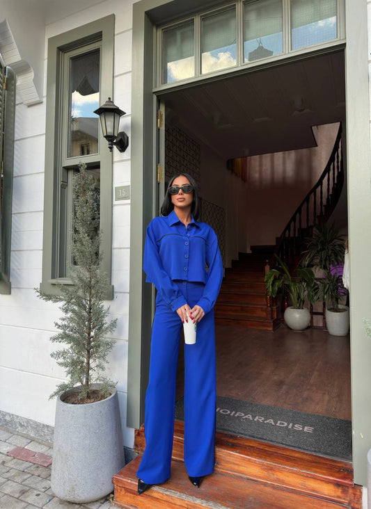 Women's Tracksuit Set - Piping Detail, Elastic Waist, Wide Leg - TK00074