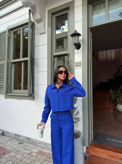 Women's Tracksuit Set - Piping Detail, Elastic Waist, Wide Leg - TK00074