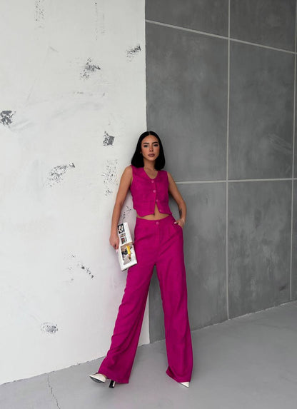 Women Sleeveless Top Long Pants Set Button Closure Wide Leg Summer Sleeveless 2 Piece Outfit Soft Polyester V Neck Casual Outing Outfits - TK00061