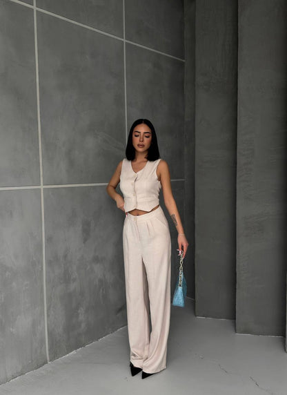 Women Sleeveless Top Long Pants Set Button Closure Wide Leg Summer Sleeveless 2 Piece Outfit Soft Polyester V Neck Casual Outing Outfits - TK00061