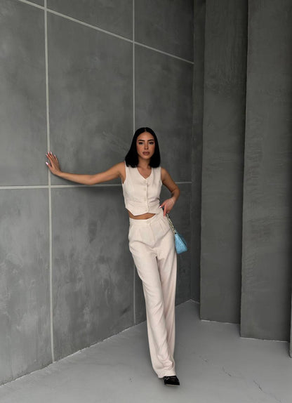 Women Sleeveless Top Long Pants Set Button Closure Wide Leg Summer Sleeveless 2 Piece Outfit Soft Polyester V Neck Casual Outing Outfits - TK00061