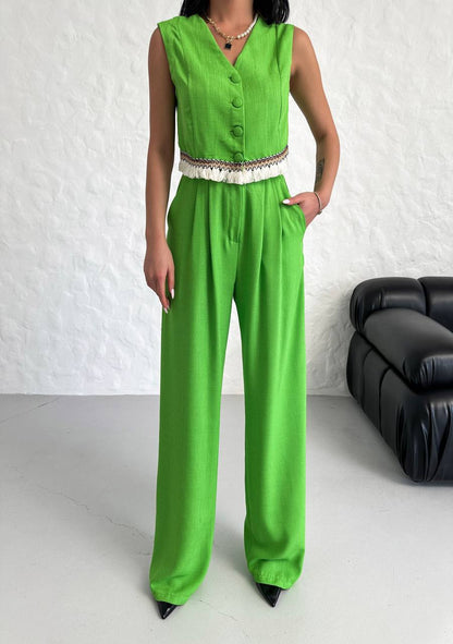 Women's Vest Tassel Detailed Linen Double Suit - TK00055