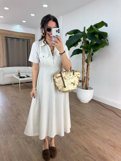 Elegant Polo Midi Dress with Front Zipper - 00142