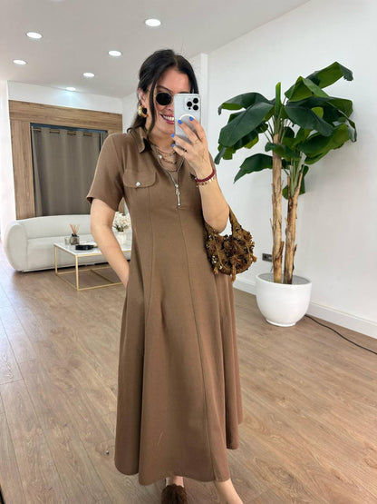 Elegant Polo Midi Dress with Front Zipper - 00142