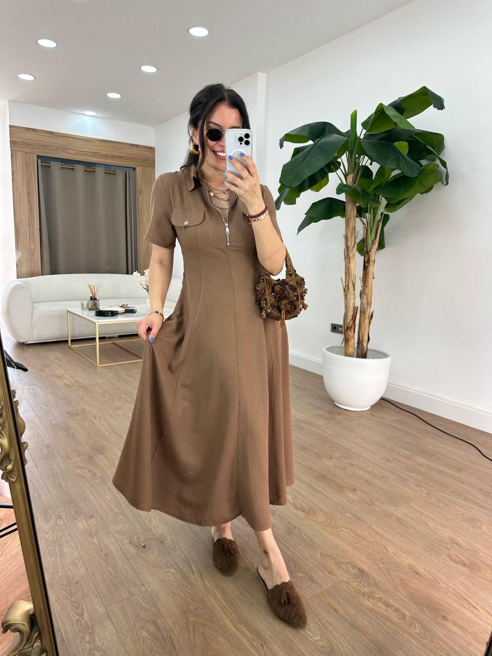 Elegant Polo Midi Dress with Front Zipper - 00142