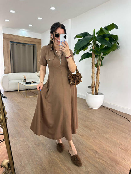 Elegant Polo Midi Dress with Front Zipper - 00142
