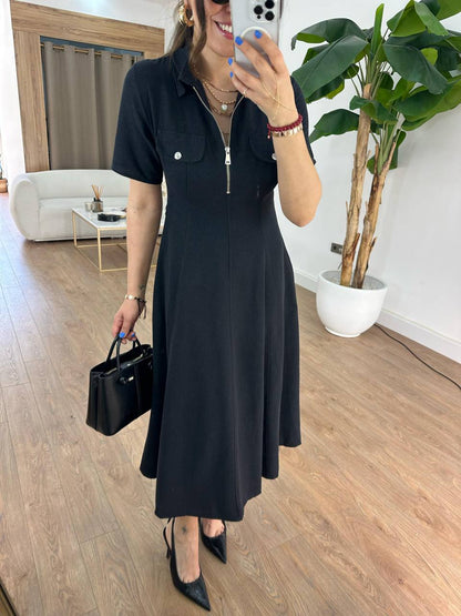 Elegant Polo Midi Dress with Front Zipper - 00142