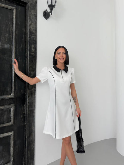 Classic Collar Contrast Dress – Available in Beige, Burgundy, and White - 00130