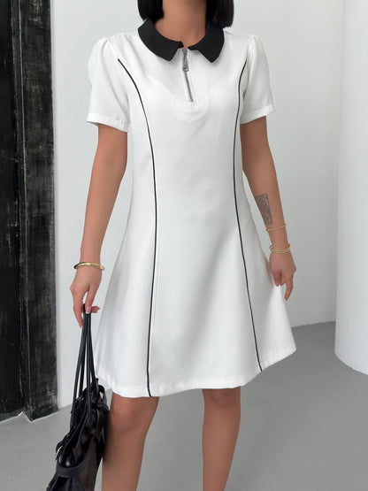 Classic Collar Contrast Dress – Available in Beige, Burgundy, and White - 00130