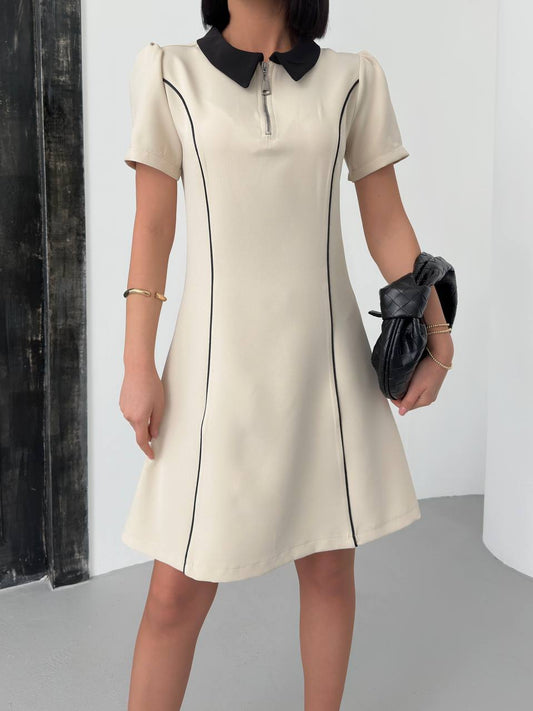 Classic Collar Contrast Dress – Available in Beige, Burgundy, and White - 00130